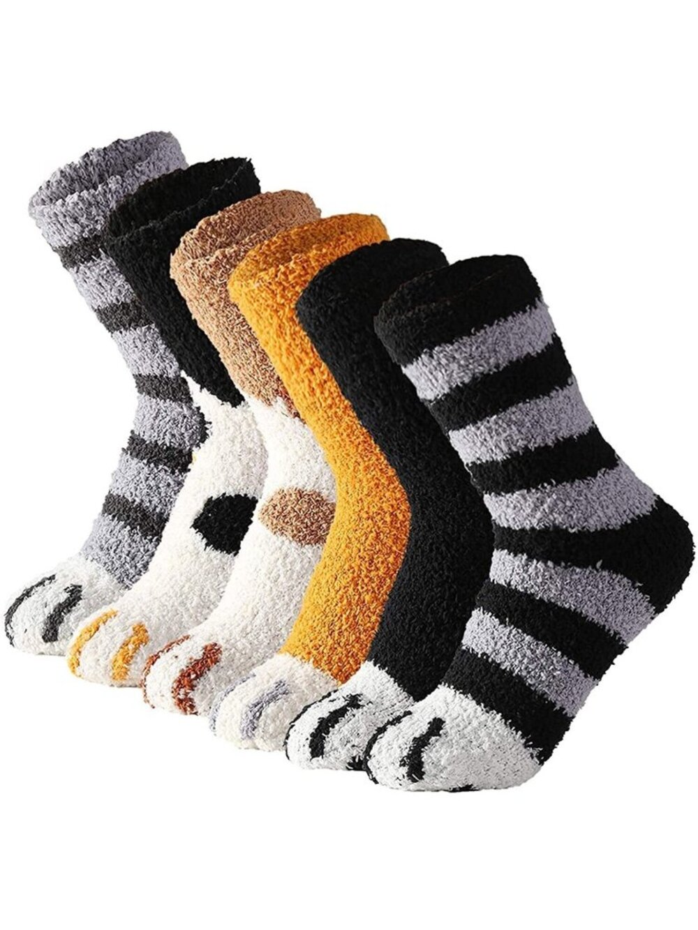 6-Pack Women's Fuzzy Winter Fluffy Cozy Warm Cute Cat Pattern Paw Socks Set